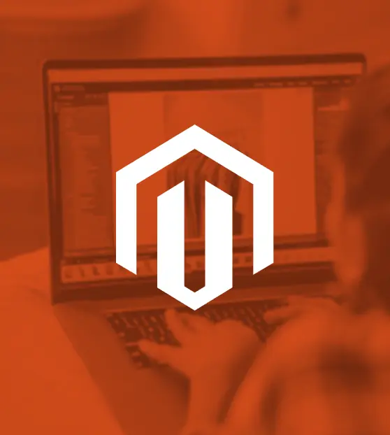 Magento Logo on Tech Screen with Orange Overlay Magento logo over computer scree