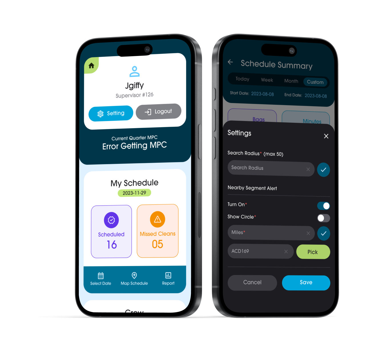 Adopt A Highway mobile app interface for scheduling and alerts Adopt A Highway supervisor mobile app schedule and settings