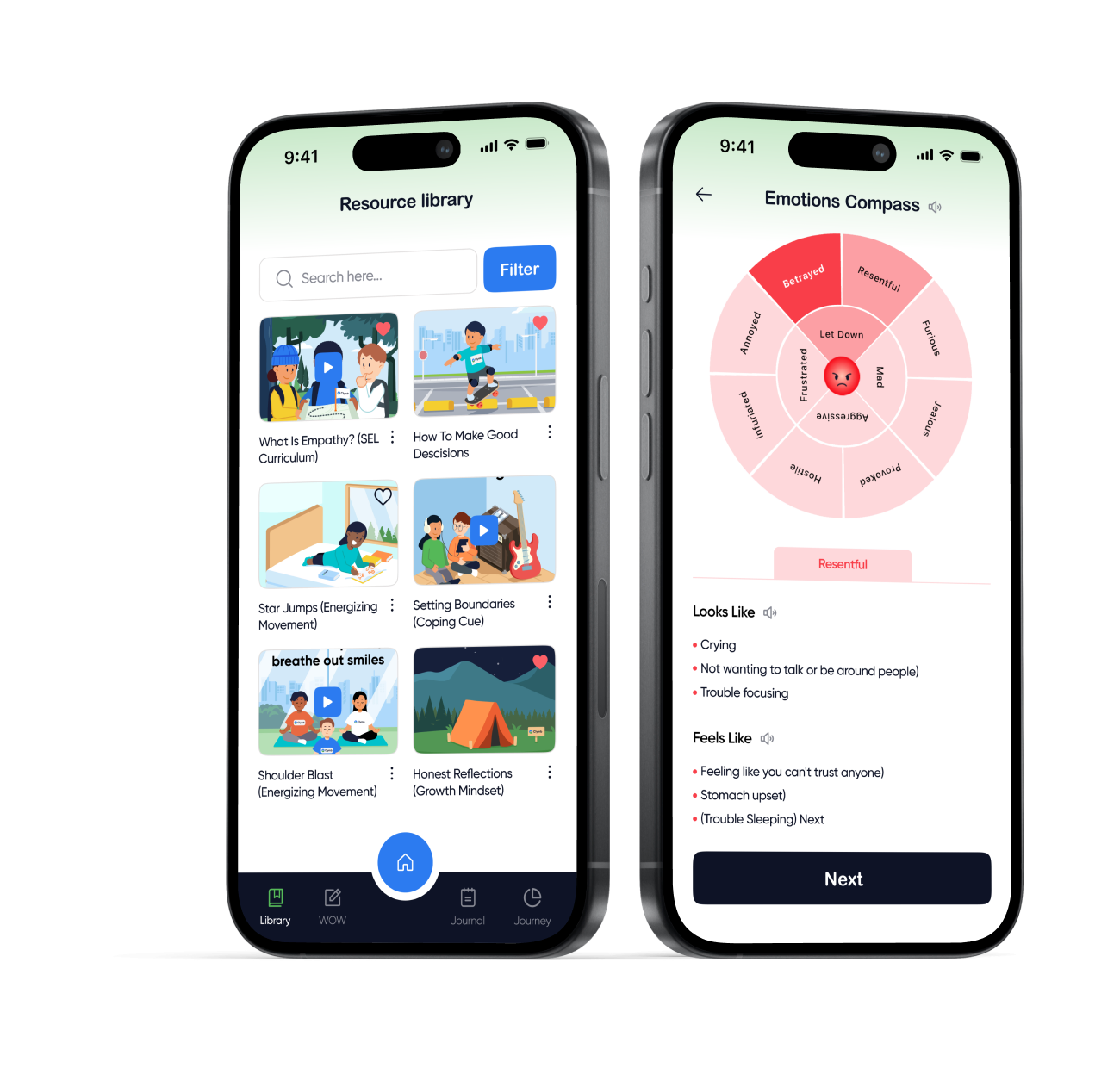 Clymb App – Social Emotional Learning and Mental Health Tools for Children Clymb mobile app showing SEL resource library and emotions compass for kids' mental wellness