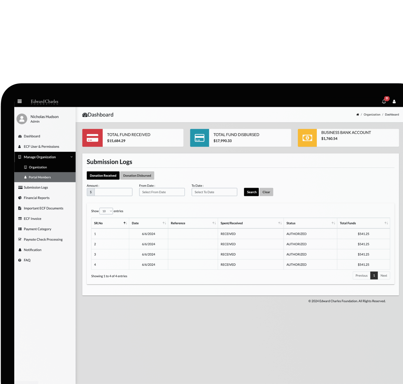Edward Charles Foundation admin dashboard showing funds and submission logs Edward Charles Foundation Financial Dashboard