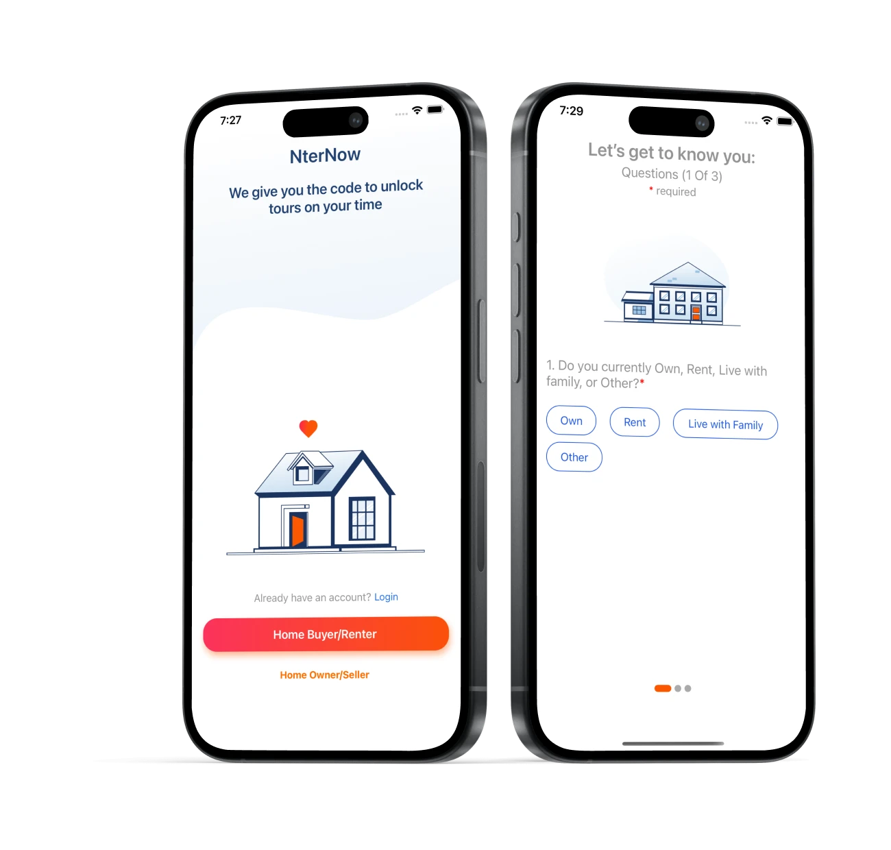 NterNow App Screens for Real Estate Tour Access for Buyers and Renters NterNow real estate mobile app onboarding screens for home buyers and renters