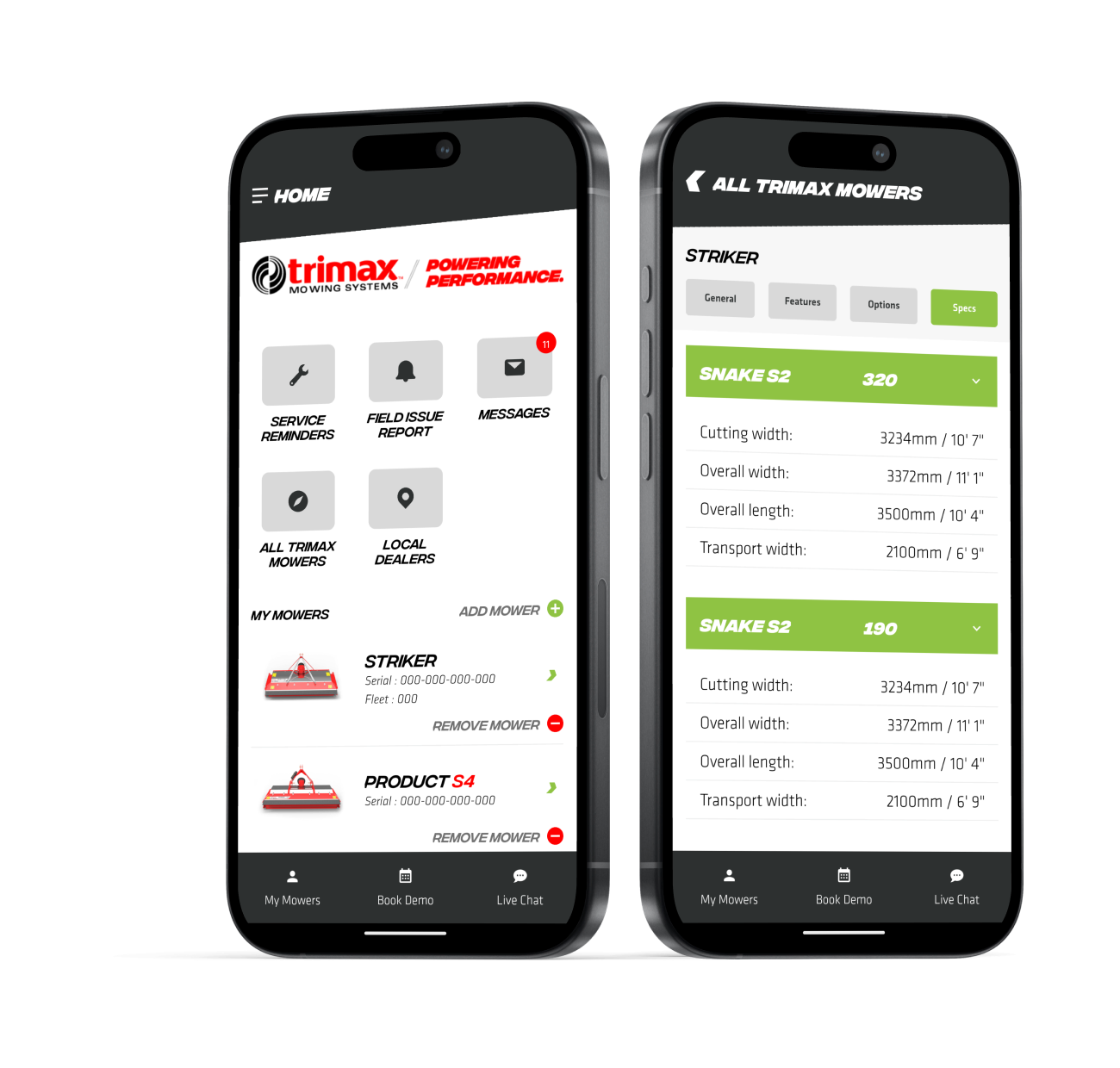 Trimax Mower App Manage and View Mower Details Trimax mobile app showing mower specifications and dashboard for equipment management